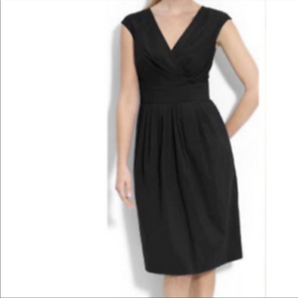 Lafayette 148 Black Gathered Pleated Faux Wrap Dress